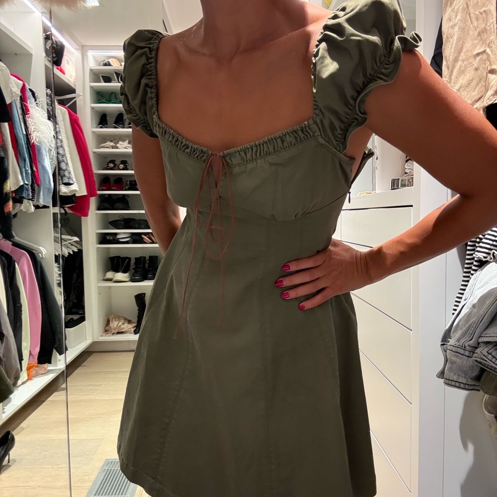 Olive Green Puff Sleeve Mini Dress Corset Style - Picture 3 of 6